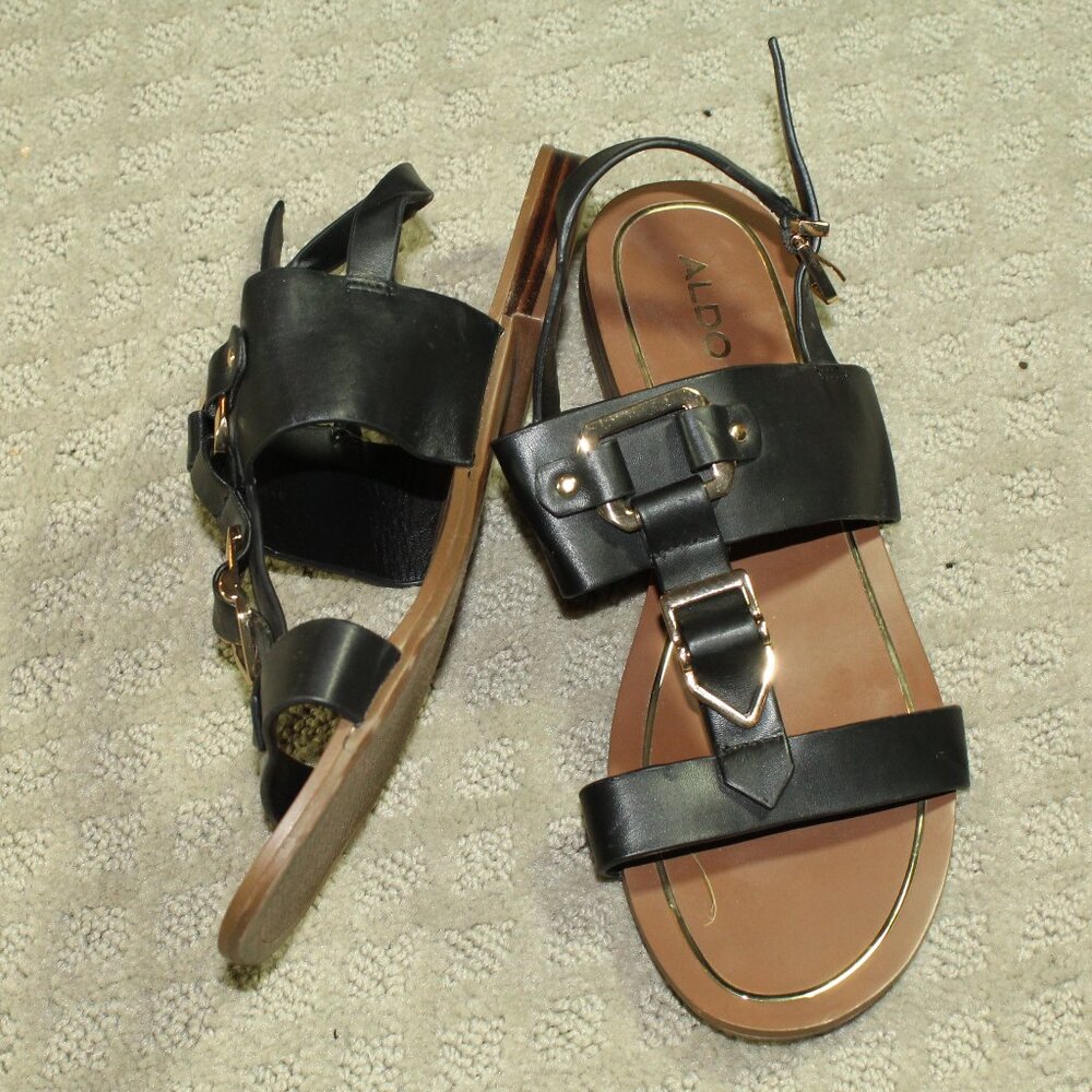 Aldo Women's 7 Black Gold-toned Metal Accents Flat Sandals